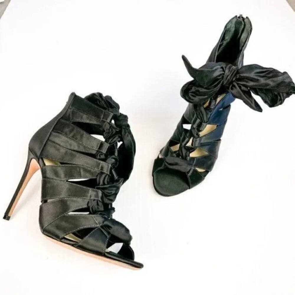 Alexandre Birman Black Satin Layla Ankle Booties EU 38.5 High Heeled Stiletto
